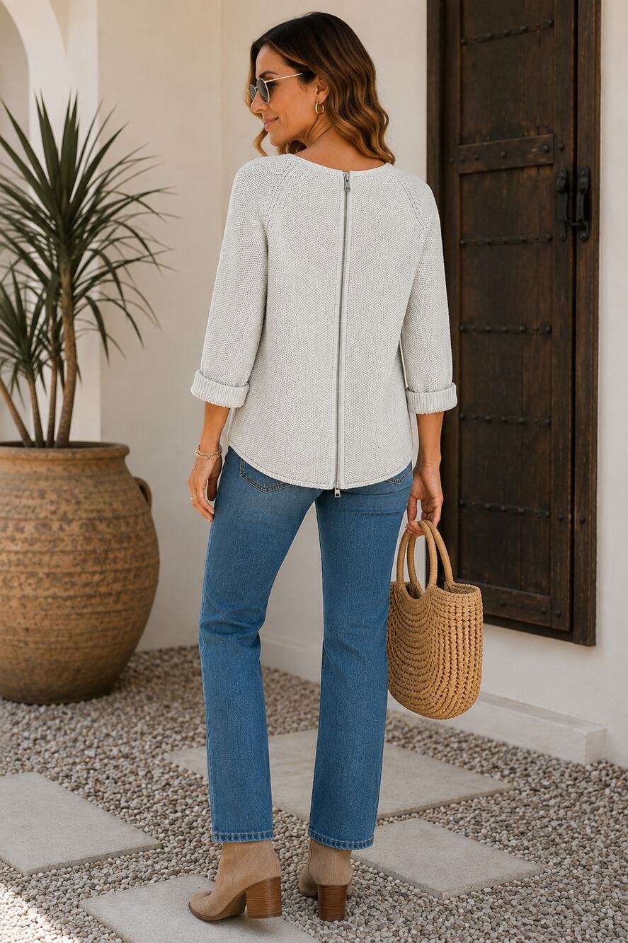 Wrap London Women’s US 14 Cream Cotton Chunky Knit Back Zip Sweater WC52